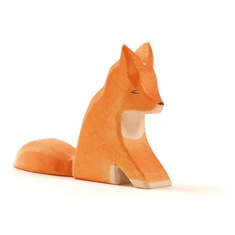 Sitzender Fuchs aus Holz, orange bemalt