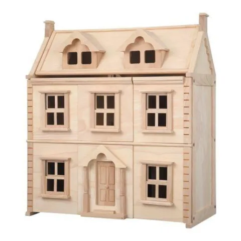 Naturfarbenes Puppenhaus aus Holz mit drei Etagen und Gauben