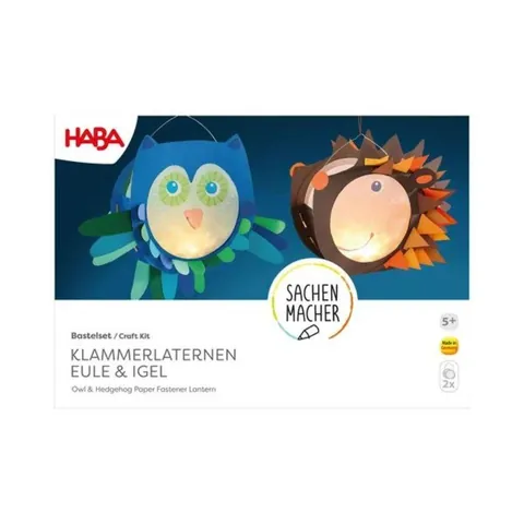 Packung des HABA-Bastelsets Klammerlaternen mit einer Eulen- und einer Igel-Laterne
