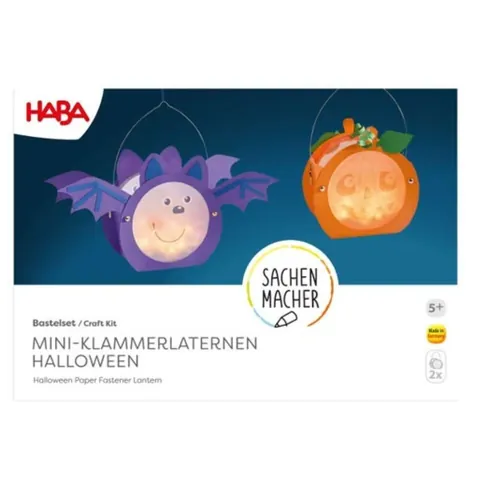 Packung des HABA-Bastelsets Mini-Klammerlaternen mit Fledermaus und Kürbis