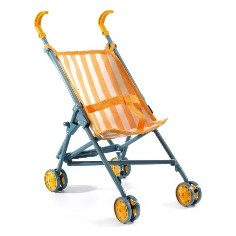 Puppenbuggy mit gelb-weiß gestreiftem Sitz und blauem Gestell