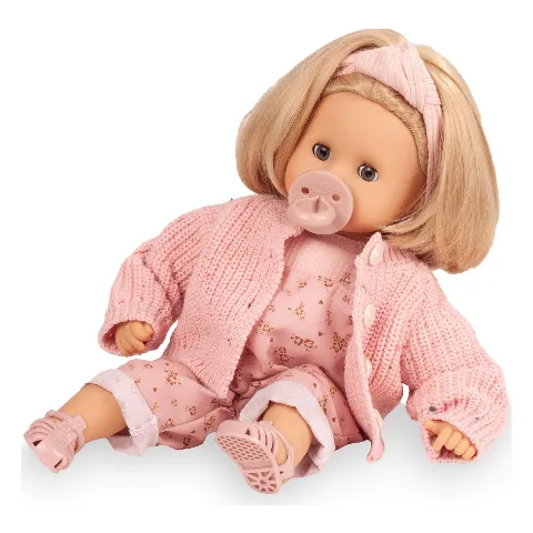 Babypuppe Muffin von Götz mit blonden Haaren, Schnuller und rosa Strickjacke