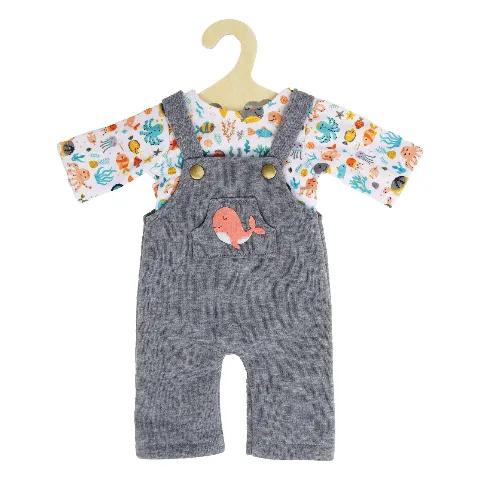 Graue Puppen-Latzhose mit Wal und buntem Langarmshirt