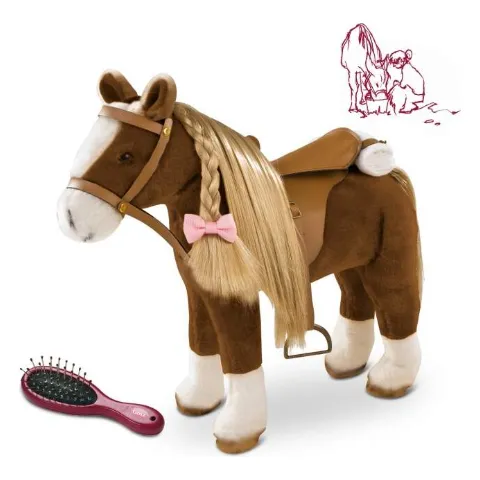 Braunes Puppenpferd mit langer blonder Mähne und Bürste