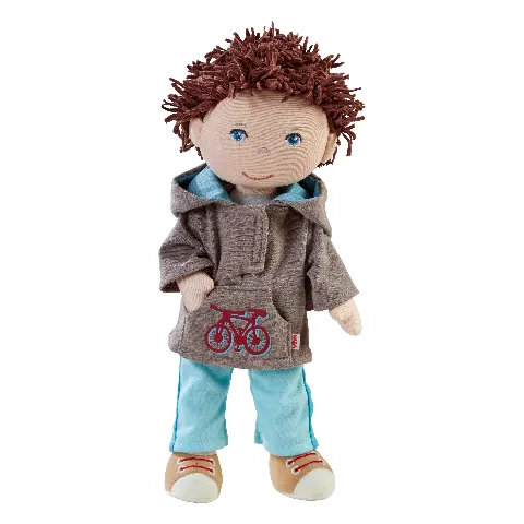 Stoffpuppe Lian von Haba mit braunen Locken, Kapuzenpulli und Turnschuhen