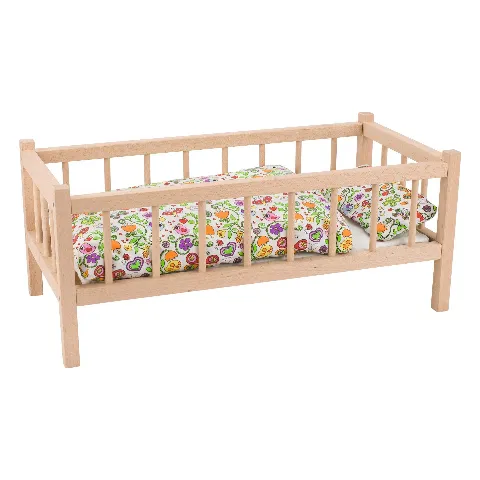 Puppenbett aus Holz mit Gitter und bunter Bettwäsche