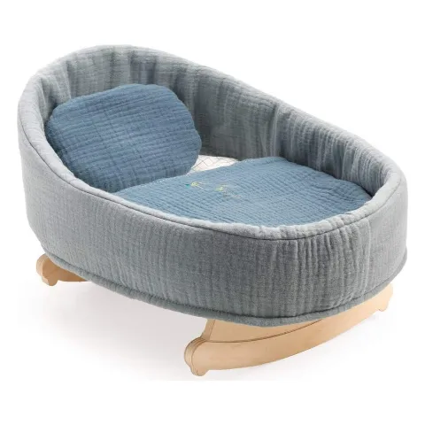 Graue Puppen-Schaukelwiege mit blauem Kissen