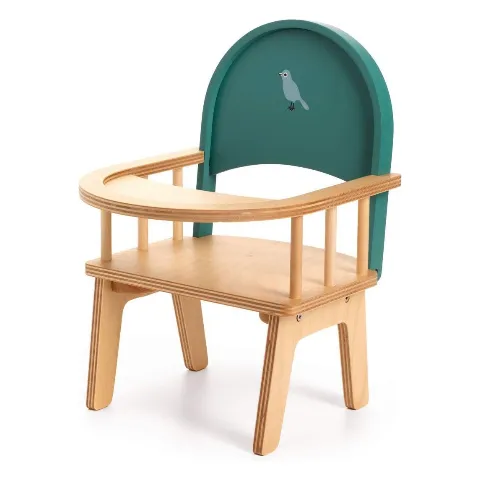 Puppenhochstuhl aus Holz mit grüner Lehne