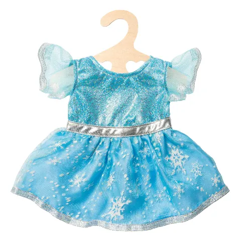 Hellblaues Puppenkleid mit Glitzer und Schneeflocken auf einem Bügel