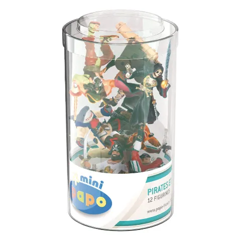 Durchsichtige Dose mit zwölf kleinen Piratenfiguren