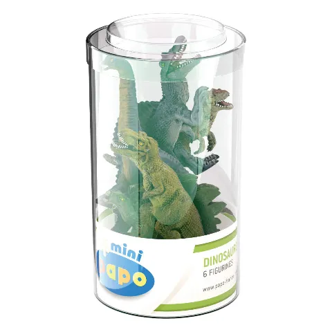 Durchsichtige Dose mit kleinen Dinosaurier-Figuren