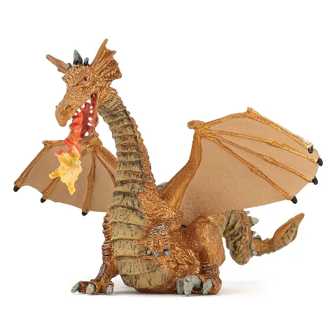 Goldener Drache mit ausgebreiteten Flügeln, der Feuer speit
