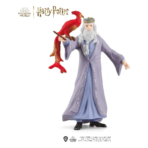 Dumbledore im lila Umhang mit dem roten Phönix Fawkes