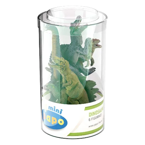 Durchsichtige Dose mit kleinen Dinosaurier-Figuren