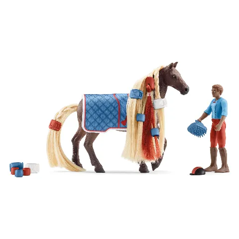Braunes Pferd mit Decke, Reiter und Pflegezubehör aus dem Schleich-Starterset