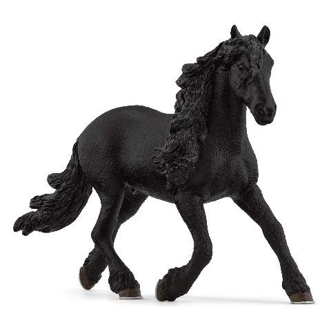 Schwarzer Friesen-Hengst mit langer Mähne im Galopp