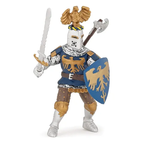 Ritter mit Adlerhelm, Schwert und blauem Schild