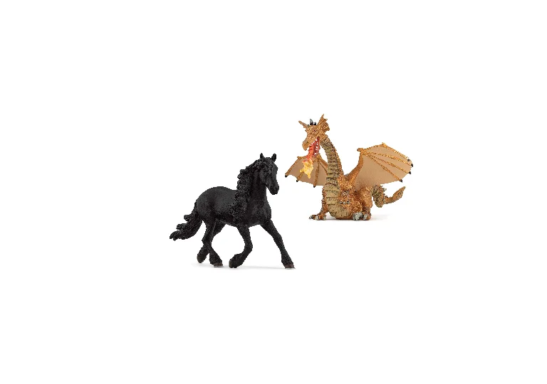 Ein schwarzer Friesen-Hengst von Schleich und ein goldener, feuerspeiender Drache von Papo