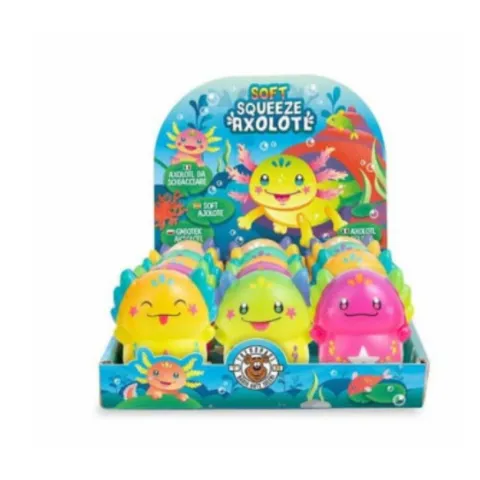 Aufsteller mit bunten Axolotl-Quetschfiguren