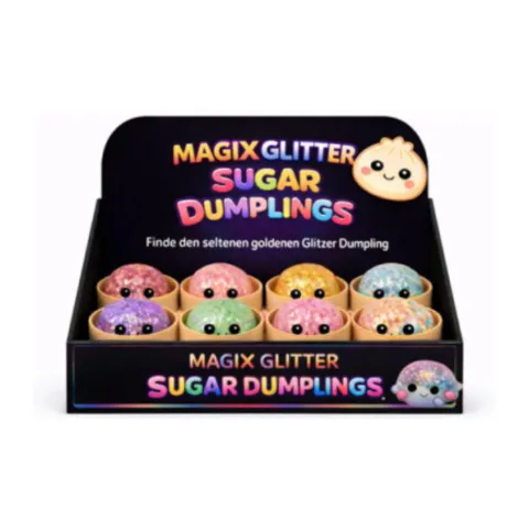 Aufsteller mit glitzernden Sugar-Dumplings in Pastellfarben