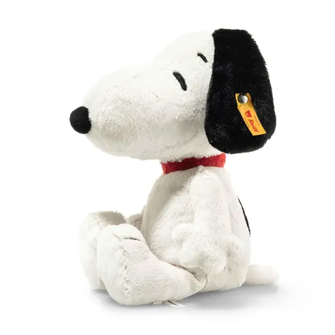 Steiff-Snoopy, weiß mit schwarzem Ohr, sitzend
