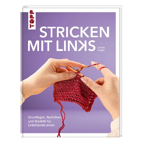 Buch „Stricken mit Links“ mit zwei strickenden Händen auf dem Titel