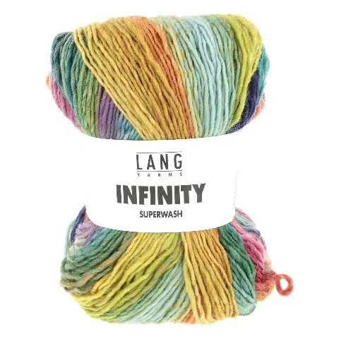 Knäuel Infinity von Lang Yarns mit Farbverlauf in Gelb, Grün, Blau und Rosa